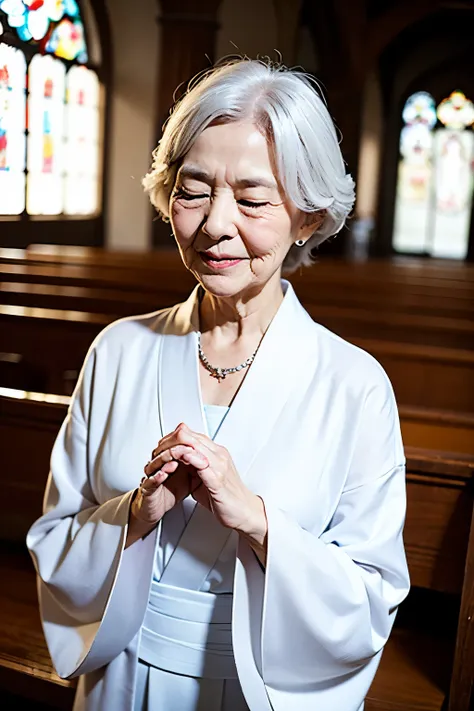A beautiful old woman with gray hair closes her eyes at church、praying with hands together。Her clothes are white kimonos, facing the front、and she has a beautiful jewel with a heart on her hand