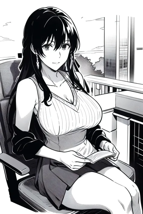 Can you draw a woman sitting on a chair and holding a novel book,can you draw a woman with a nice smile facing me,resting on the lakeside of a lake,,resting on the lakeside。I draw her expression more delicately,Faces are very important,can you draw a sleev...
