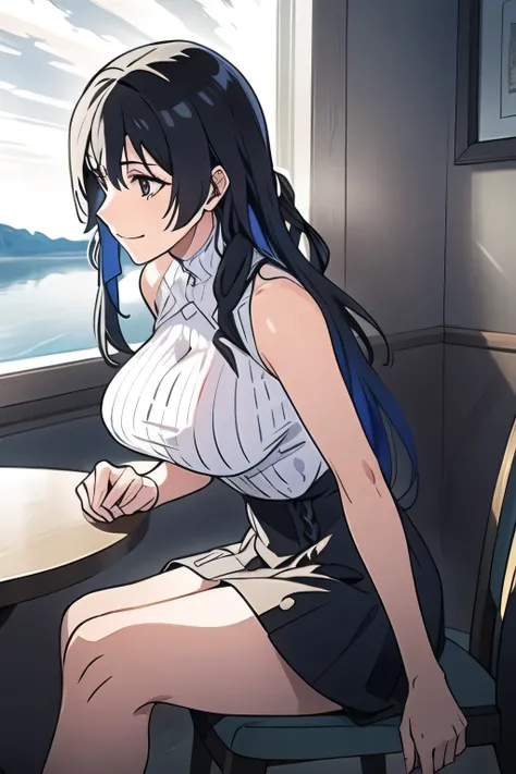 Can you draw a woman sitting on a chair holding a novel book in her hand and smiling,Please draw in full color,can you draw a woman with a nice smile facing me,resting on the lakeside of a lake,,resting on the lakeside。I draw her expression more delicately...