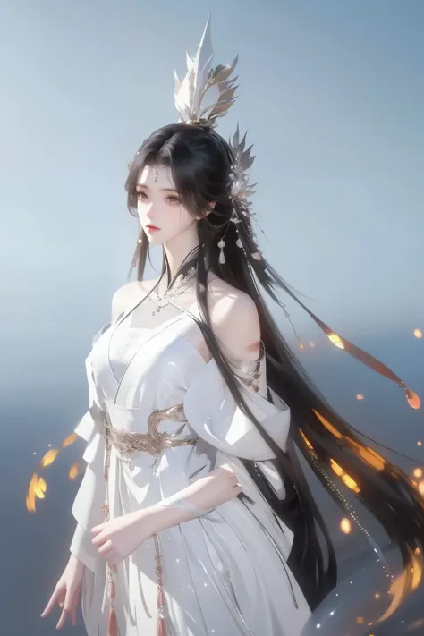 Create a majestic and graceful female fantasy character, tall in stature with long, flowing silver hair. The character is adorned in dark, intricate robes embellished with silver armor and celestial motifs. They hold two gleaming, elegant swords, poised as...