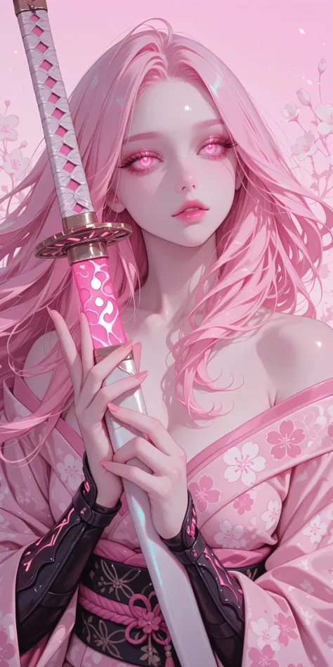 A young woman poses confidently, wearing an ornate pink kimono with floral patterns and matching arm guards. She holds a katana with both hands, exuding a fierce yet graceful presence. Her long, flowing hair cascades down her shoulders, contrasting with th...