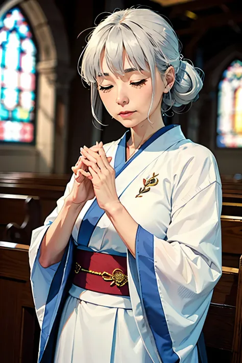 A beautiful old woman with gray hair closes her eyes at church、praying with hands together。Her clothes are white kimonos, facing the front、and she has a beautiful jewel with a heart on her hand。The hairstyle has raised bangs。