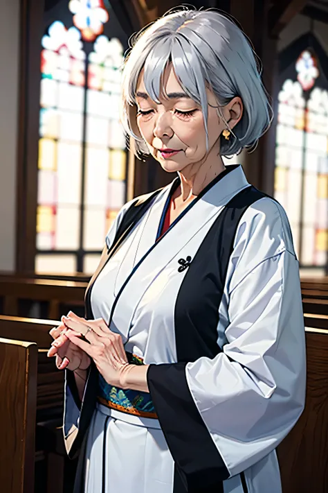 A beautiful old woman with gray hair closes her eyes at church、praying with hands together。Her clothes are white kimonos, facing the front、and she has a beautiful jewel with a heart on her hand