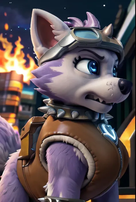 Everest, ((Paw Patrol)), ((female solo)), domestic dog, female, adult female, blue eyes, (lavender fur:1.65), ((lavender body)), ((sharp teeths)), ((large fangs)), blue eyes, (Shiny eyes:1.6), ((Pixar eyes)), perfect eyes, ((glowing eyes)), (hyper realisti...