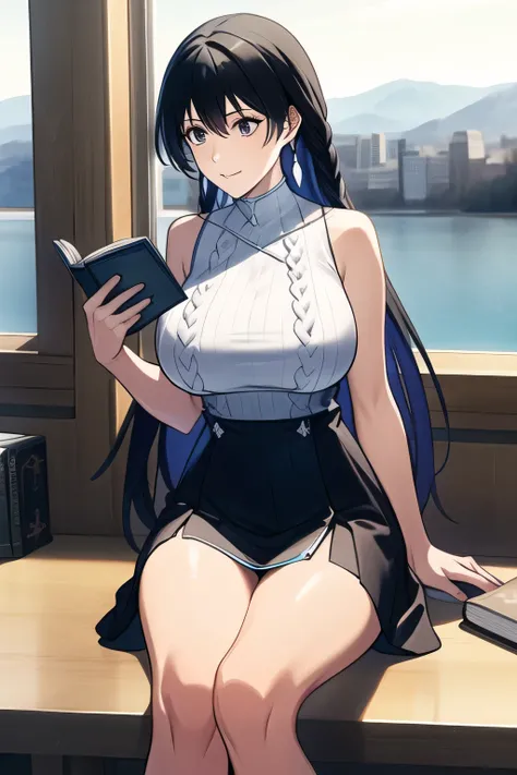 can you draw a smiling woman sitting on a chair reading a novel,resting on the lakeside draw in full color,can you draw a woman facing me with a nice smile,resting on the lakeside,,湖畔で休んでいる。draw her expression more delicately,Faces are very important,can y...
