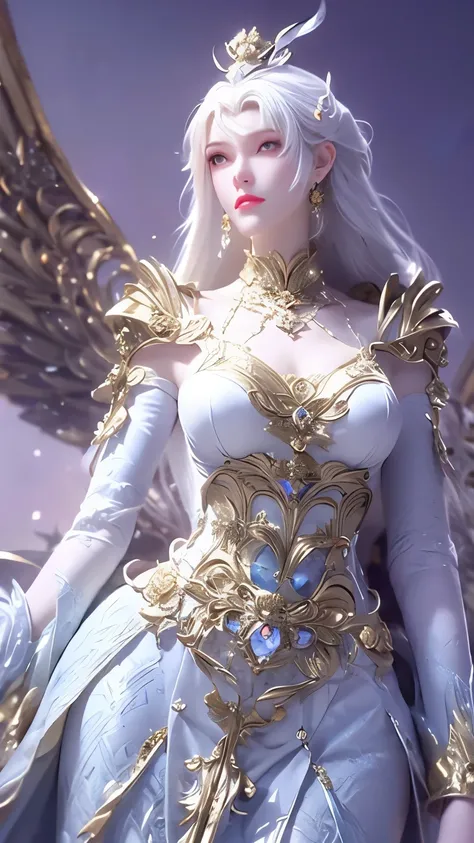 Create a majestic and graceful female fantasy character, tall in stature with long, flowing silver hair. The character is adorned in dark, intricate robes embellished with silver armor and celestial motifs. They hold two gleaming, elegant swords, poised as...
