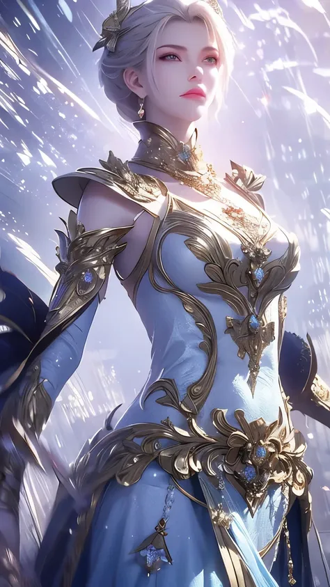 Create a majestic and graceful female fantasy character, tall in stature with long, flowing silver hair. The character is adorned in dark, intricate robes embellished with silver armor and celestial motifs. They hold two gleaming, elegant swords, poised as...