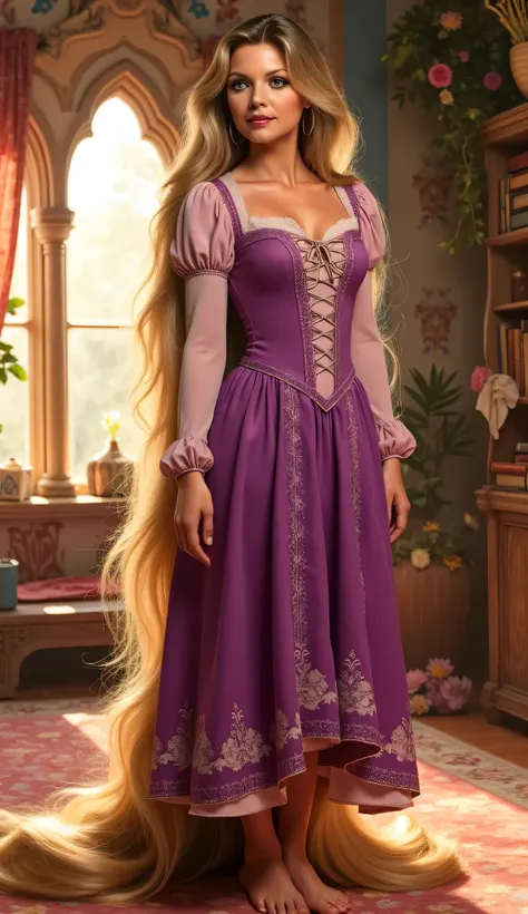 "Full-body portrait of Michelle Pfeiffer as Rapunzel from Disney's Tangled, with long flowing golden hair cascading around her feet, wearing Rapunzel’s signature purple and pink dress with lace-up bodice and puffed sleeves, standing barefoot in a stylized ...