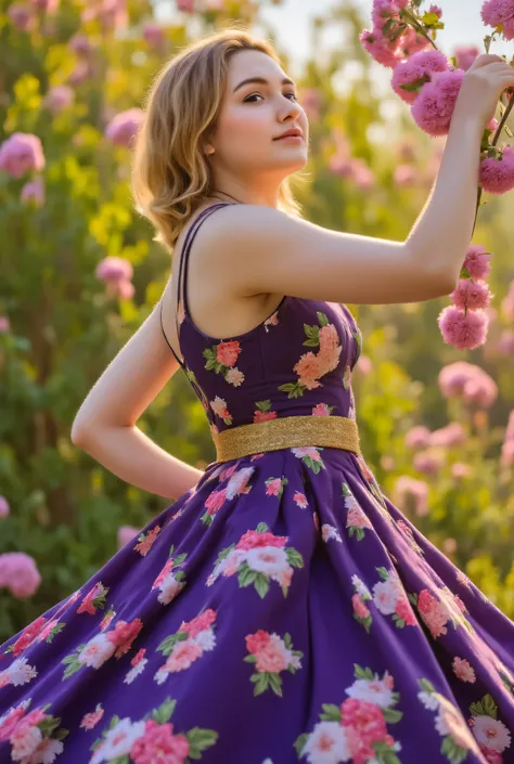 Woman twirling gracefully in a beautifully adorned purple and gold dress with vibrant flower decorations gently swaying in the background, medium camera slowly circling around her, elegant style with soft ambient lighting.