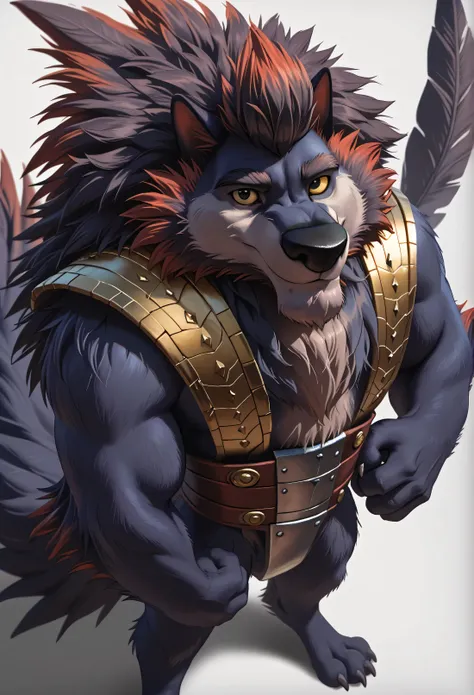  Flasheart Lupin (100% Wolf), yellow sclera, solo, detailed, detailed face, black eyes, anthro body, male, adult, muscular, cartoon shading, cel shaded:1.0, flat colors, (no background, white background):1.5, shirtless, wfa style, negger style, cartoony an...