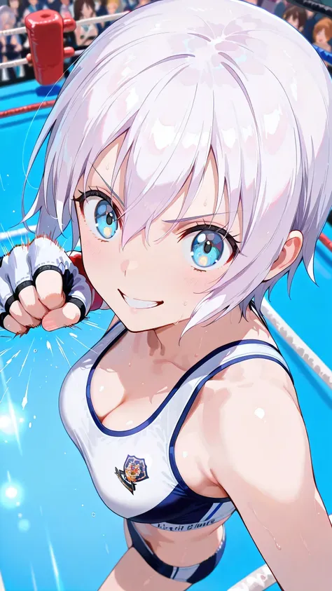 lisanna strauss, short hair, blue eyes, hair between eyes, white hair,, solo, Detailed eyes, white sports bra, black sports very short spats, white fingerless gloves, thigh, cleavage, slim long legs, medium breast, serious grin, looking at viewer, Detailed...
