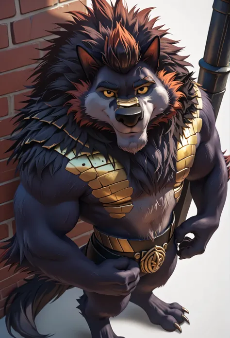  Flasheart Lupin (100% Wolf), yellow sclera, solo, detailed, detailed face, black eyes, anthro body, male, adult, muscular, cartoon shading, cel shaded:1.0, flat colors, (no background, white background):1.5, shirtless, wfa style, negger style, cartoony an...