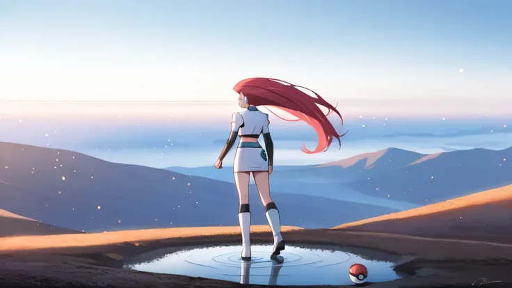 masterpiece,best quality,amazing quality,Charming,Please draw Jessie in detail using upscale。The background is just the sky and horizon of an infinite digital world.、Light particles and electronic ripples are the only decoration。Jessie with long red hair, ...