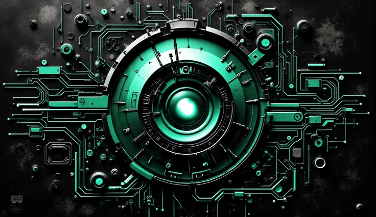 YouTube thumbnail background, 16:9. Dark brushed metal texture. A single, bold, glowing neon green abstract circuit pattern provides a focal point. Minimalist, high-tech, dark mood. Professional graphic design. Ample space for logo and text overlay.