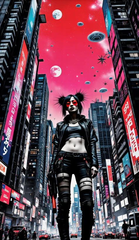 ((RAW Foto), absurd, (absurdresolution)), Meisterwerk, best quality, (best shade), beautiful detailed shine, ((Science-Fiction)), beautiful girl, ta, Smiling, 2, a girl, fit, marked stomach, cawgerl , a red lens , that covered her eyes , , (( holding in...