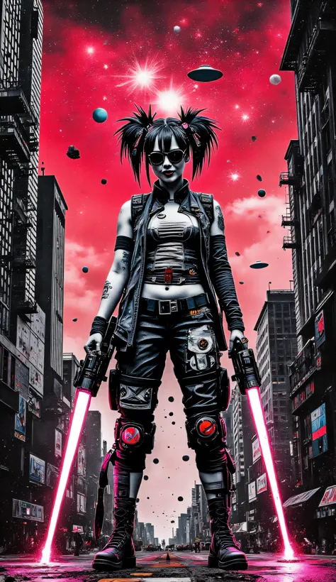 ((RAW Foto), absurd, (absurdresolution)), Meisterwerk, best quality, (best shade), beautiful detailed shine, ((Science-Fiction)), beautiful girl, ta, Smiling, 2, a girl, fit, marked stomach, cawgerl , a red lens , that covered her eyes , , (( holding in...