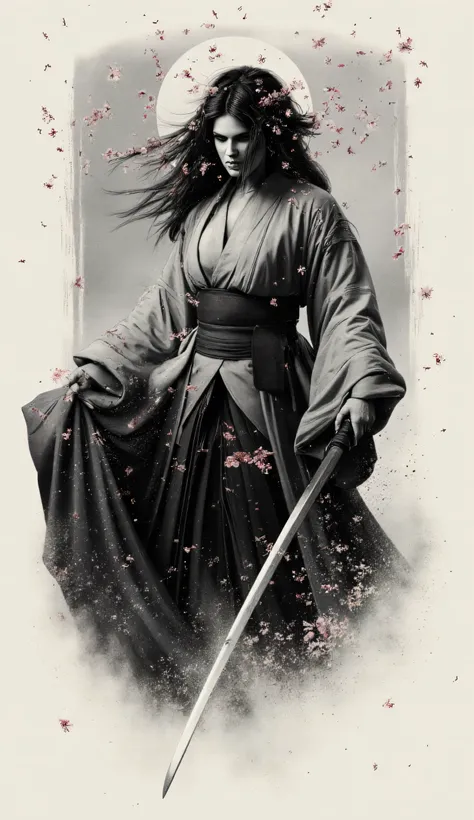 Charcoal drawing , pencil drawing, line drawing , Graphite drawing , tinted paper, Kunstwerk, zweifarbig, paint splashes, Samirai girl, rosa sakura \(Blumen\), rotes Blut, Japanese ink, Spritzen, complex details, volumetric lighting, cinematographic, det...