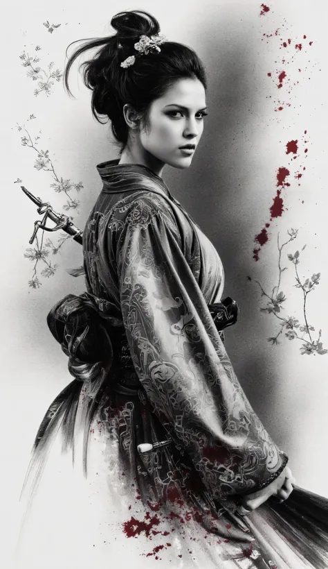 Charcoal drawing , pencil drawing, line drawing , Graphite drawing , tinted paper, Kunstwerk, zweifarbig, paint splashes, Samirai girl, rosa sakura \(Blumen\), rotes Blut, Japanese ink, Spritzen, complex details, volumetric lighting, cinematographic, det...