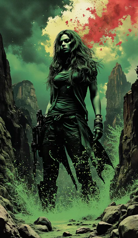 ((Spawn woman)), green poison and red blood paint, created the obscure form of the Image Comics figure, Skizze, Manga sketch, pencil drawing, black and white, Todd McFarlane Stil, Brian Holguin Stil, by Bugmaister, low level of detail, Linie Kunst, Vektork...