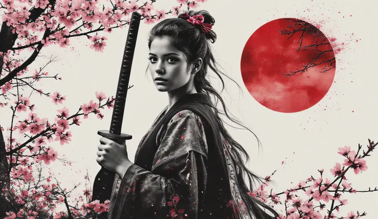 Charcoal drawing , pencil drawing, line drawing , Graphite drawing , tinted paper, Kunstwerk, zweifarbig, paint splashes, Samirai girl, rosa sakura \(Blumen\), rotes Blut, Japanese ink, Spritzen, complex details, volumetric lighting, cinematographic, ...