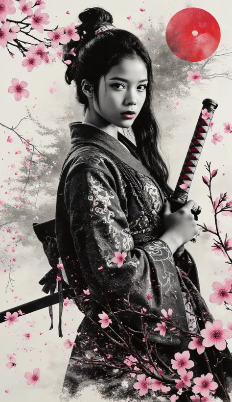 Charcoal drawing , pencil drawing, line drawing , Graphite drawing , tinted paper, Kunstwerk, zweifarbig, paint splashes, Samirai girl, rosa sakura \(Blumen\), rotes Blut, Japanese ink, Spritzen, complex details, volumetric lighting, cinematographic, ...