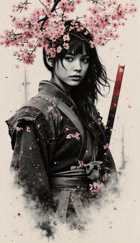 Charcoal drawing , pencil drawing, line drawing , Graphite drawing , tinted paper, Kunstwerk, zweifarbig, paint splashes, Samirai girl, rosa sakura \(Blumen\), rotes Blut, Japanese ink, Spritzen, complex details, volumetric lighting, cinematographic, ...