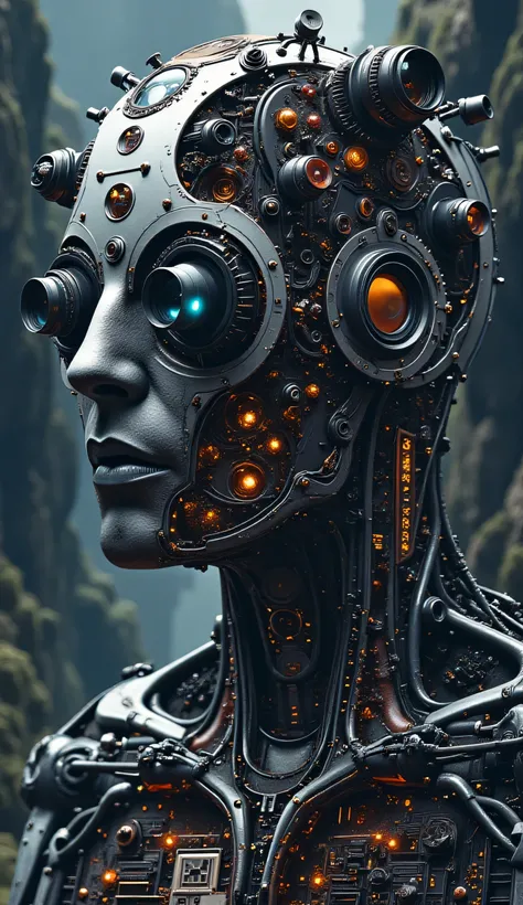 Best quality, 8K, ultra-detailed, realistisch:1.37, glowing metallic silver, vivid shading, breathtaking portrait of a huge mechanical, thinking computer, cameras for eyes, exposed inner components, complex details, unreal texture, complex complexi...