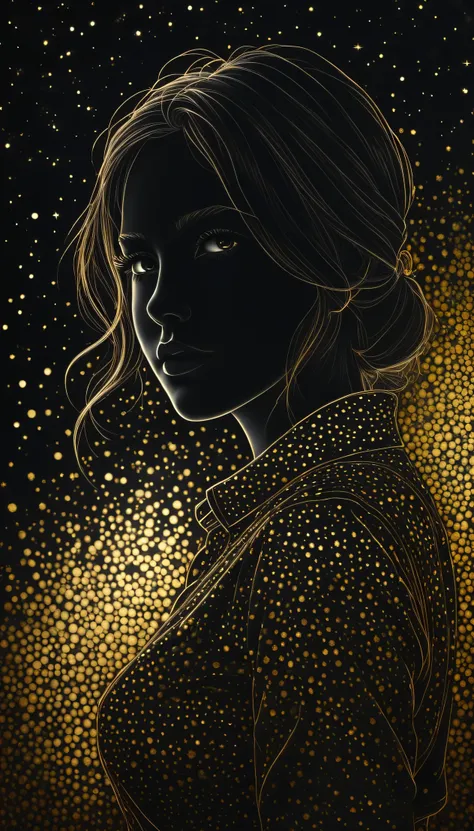 black pencil hatching, Charcoal drawing , tinted paper, pencil drawing, brutal dark b/with color scheme, golden pattern ,
poster, close-up, life-size , shadow art . 1 girl, realistic, glowing frame, backlight colors, Silhouette colors, space frame, beautif...