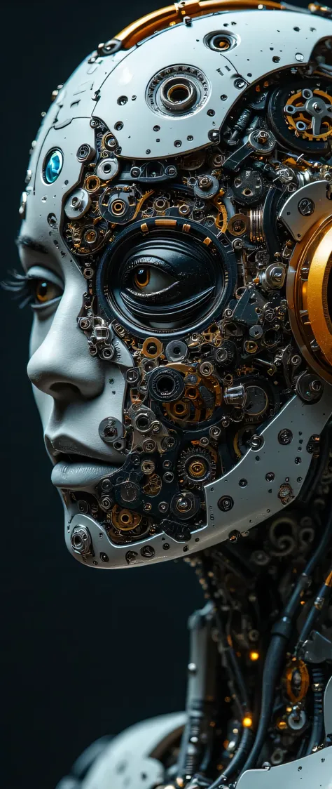 ultra detailed, absolutely resolved, masterpiece, highly detailed, Sharp Focus, vivid colors, soft lighting, cinematographic composition, Close-up of a humanoid robot with a face, which consists of countless different mechanical parts and human-like eyebal...
