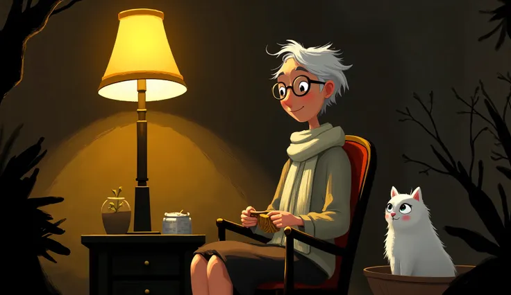 In Whimsical Art style, a full body shot of a tall thin old woman sHe is sitting next to a  lamp Knitting a scarf , with glasses, she have white hair, and a sweet face, wear a blouse and skirt, and a wool jacket . A white cat with  big eyes by her side in ...