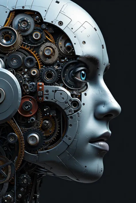 ultra detailed, absolutely resolved, masterpiece, highly detailed, Sharp Focus, vivid colors, soft lighting, cinematographic composition, Close-up of a humanoid robot with a face, which consists of countless different mechanical parts and human-like eyebal...