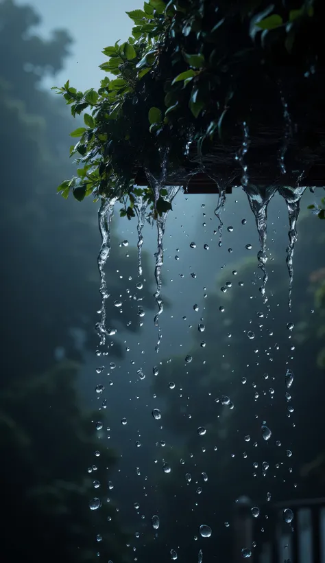 A raindrop falls from Yagasaki, close-up von Regentropfen, (close-up, dynamic angle), (a raindrop, transparent reflections, Transparent truth, Clear in Chaos, Sparkling hope, Falling from the eaves, Impression of falling), Rough