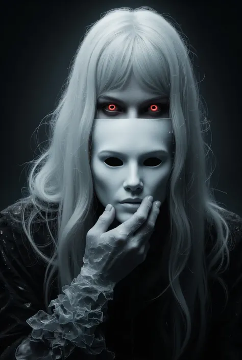 (Hand, The one mask:1.5),(white-haired ghost,straight hair,red eyes),(Gothic Art),(Angst:1.5),( correct human anatomy:1.37)