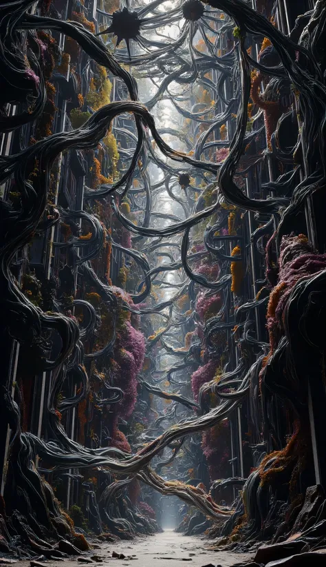 mysterious work of art , painted with unusual techniques , 2.5D, artistic photography, hyperrealistic, patchwork illustrations , conceptual installation art, tall and fine works of art , huge maze of color and monochrome, brilliant and matte , Maze p...