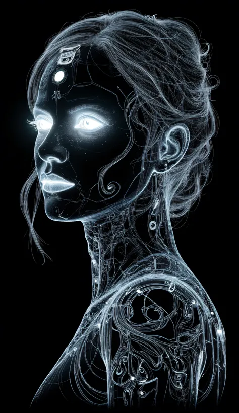 (((face))), ((the rim of the face)), (masterpiece:1.2,EXCEPTIONAL QUALITY,reflective ,Cinema experience,photorealistic:2.0,photos in RAW format:2.0,super detailed),8 K,Mat,(Presentation of drawings using holograms:2.0),( beautiful woman:2.0),cyborg woman,(...