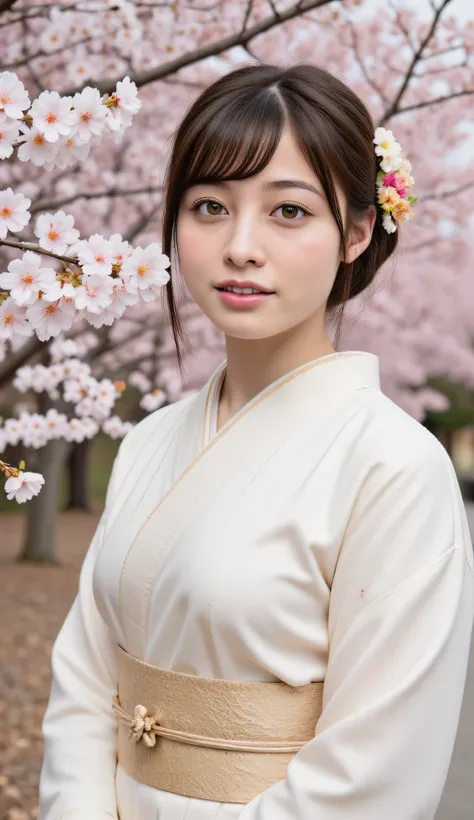 1girl, portrait of 1girl, Japanese woman wearing ivory‑white silk kimono, standing beneath real blooming cherry blossom trees, genuine sweet smile


full body shot, centered framing, eye-level angle, 

cinematic lighting with dramatic shadows, natural skin...
