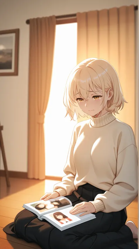 A quiet cinematic scene of a age girl sitting on a wooden floor in a softly lit bedroom during golden hour. She is wearing a light cream sweater and a long skirt, holding an old photo album on her lap. Her expression is calm and melancholic, eyes slightly ...