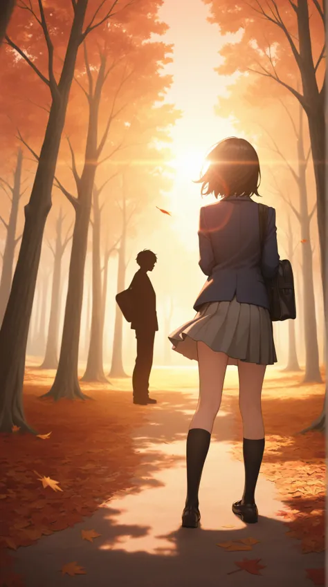 Memory insert: A boy is standing alone at the edge of a quiet forest path during sunset. His back is facing the camera, dressed in a school uniform blazer. Sunlight is setting behind him, creating a silhouette with a strong lens flare. The wind slightly mo...