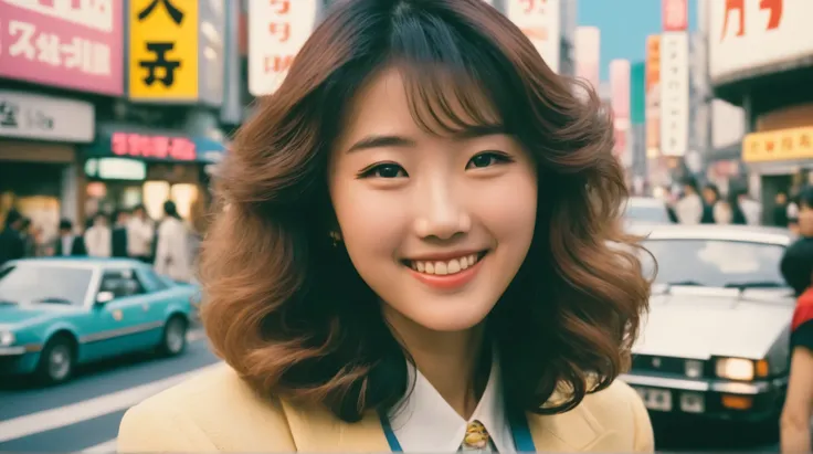 A close-up portrait of a beautiful young Japanese woman smiling naturally in 1980s Tokyo. She has soft wavy hair, natural retro makeup, and is wearing vintage city fashion of the era. The background shows a busy Shibuya or Harajuku street with colorful car...