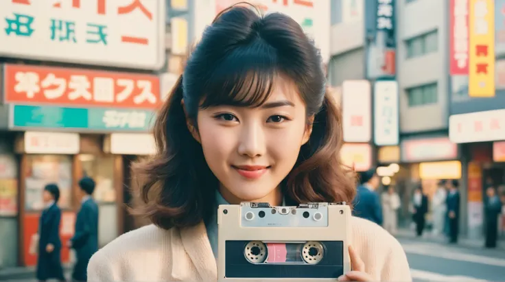 A close-up portrait of a beautiful young Japanese woman with a gentle smile, 1980s retro style, soft wavy hair, wearing vintage fashion with pastel colors. She's holding a cassette tape near her cheek. Background is softly blurred Tokyo city street with wa...