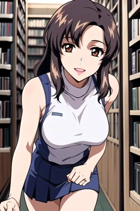 Background with book columns,can you draw a figure standing reading in a bookstore,The face is very important,can you draw a blue pleated miniskirt with a nice smile,can you draw a more delicate facial expression,walking alone, city tour ,,(((she's wea...