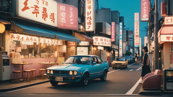 A panoramic 1980s Tokyo street scene during golden hour, with a warm nostalgic glow. Neon signs, old cars, and cassette tapes scattered on a café table in the foreground. A young Japanese woman in retro fashion walks away down the sidewalk, her hair softly...