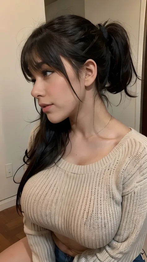  sexy brunette profile with big breasts and athletic body ,    Thick thighs wearing a short sweater  , bangs and ponytail.