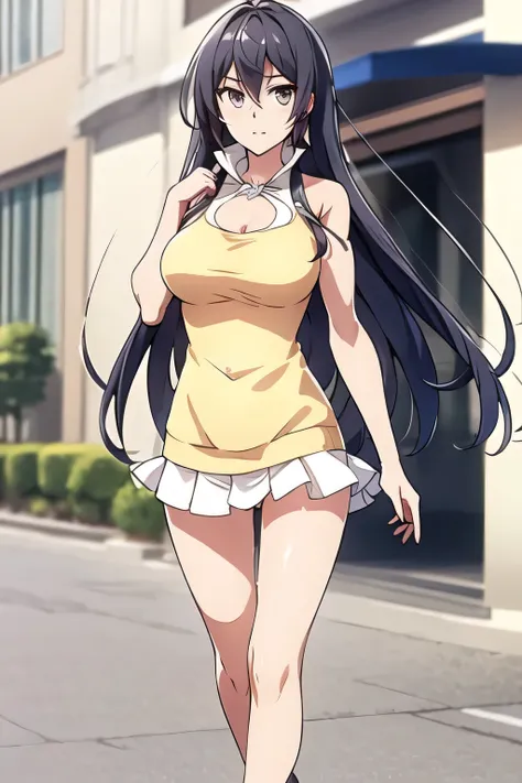 Can you draw a dark blue pleated miniskirt,can you draw a more delicate facial expression,walking alone, city tour ,,(((she's wearing casual tourist clothes))), ,(Let's draw a more delicate look),(sleeveless wool sweater),( pleated legs,white panties),...