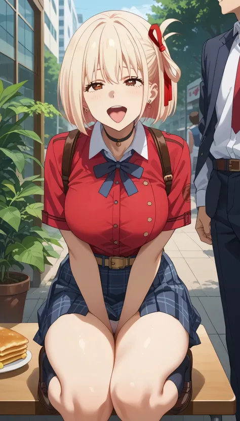 ( full body shot ), ((( front view))), , (boy with visible ribs), girls on the left, fit girl, chisato nishikigi, short hair, bangs, blonde hair, red eyes, hair ribbon, one side up, bob cut, earrings, ear piercing, source_anime, masterpiece,Highest quality...