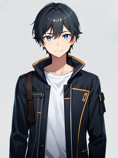 (high-quality, breathtaking),(expressive eyes, perfect face), symmetrical eyes, 1boy, solo, medium length hair, black hair, blue eyes, kind, jacket, jeans, portrait, simple background, calm expression, small smile, caelus, standing straight,