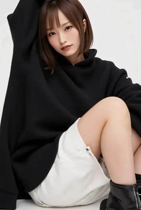 after being played in high definition,high quality,Realistic,realistic,8k,high detail,realisticな照明,female,white skin,brown hair,black eyes,midium hair,white short pants,oversized black shirt,black ankle boots,slender,sitting,thighs focus,close up thighs,sm...