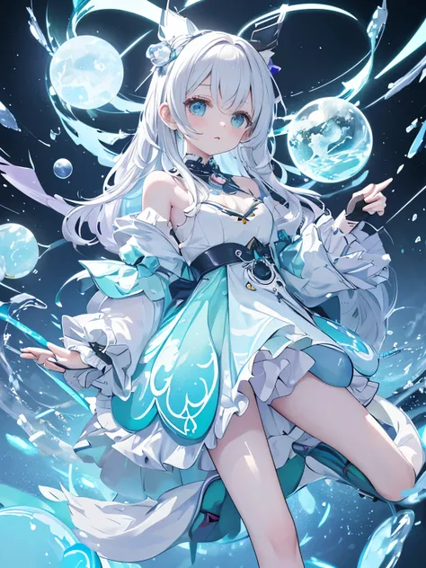 A surreal and whimsical fantasy scene featuring a pastel cyber-kawaii aesthetic. A young woman with long, platinum blonde hair and pale skin is at the center, wearing a shiny, iridescent outfit in white and pastel hues, including a frilled top and holograp...