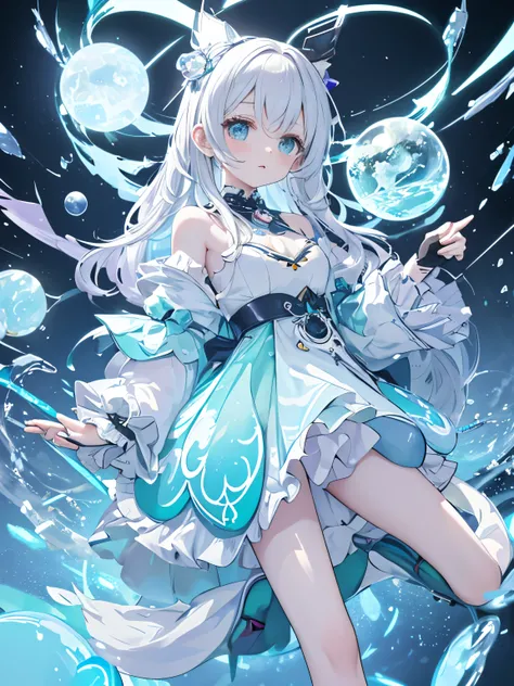 A surreal and whimsical fantasy scene featuring a pastel cyber-kawaii aesthetic. A young woman with long, platinum blonde hair and pale skin is at the center, wearing a shiny, iridescent outfit in white and pastel hues, including a frilled top and holograp...