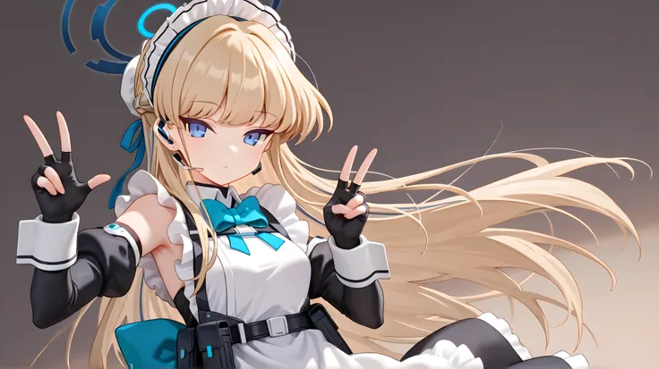 最高傑作、高品質、詳細、8K,toki, blonde hair, blue eyes,
hair bun, long hair, halo, apron, belt pouch, black dress, black gloves, blue bow, bow, dress, elbow gloves, fingerless gloves, gloves, halo, long sleeves, maid, maid apron, maid headdress,peace sign,pouch,rando...